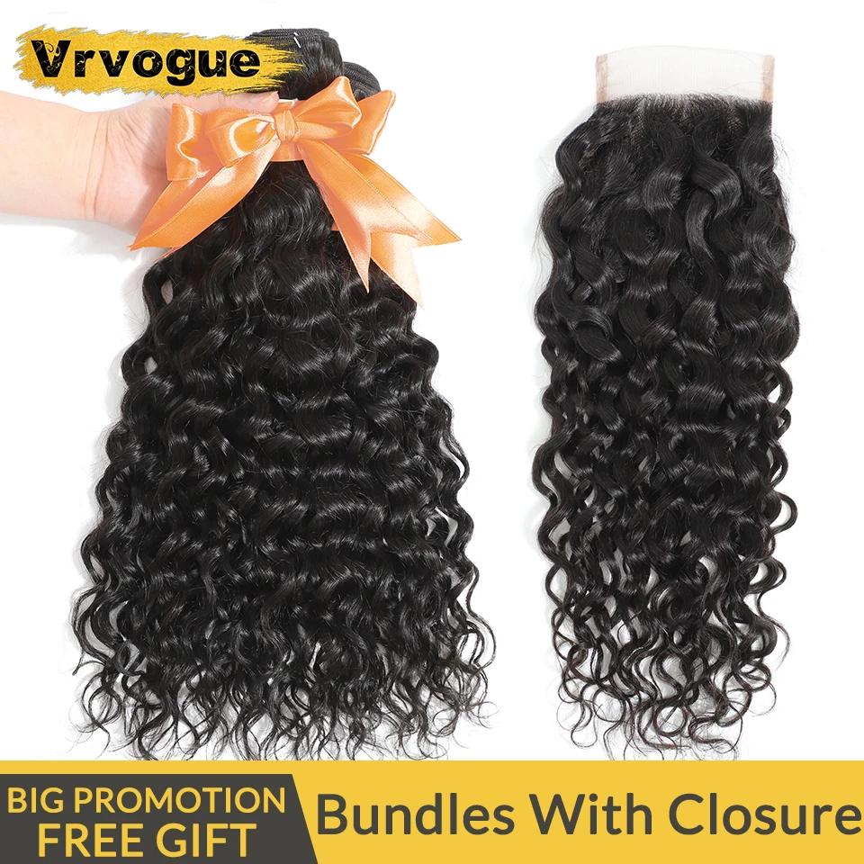 

Vrvogue Water Wave Bundles With Closure 100% Human Hair Weave With Lace Closure Remy Peruvian Hair Bundles With Closure