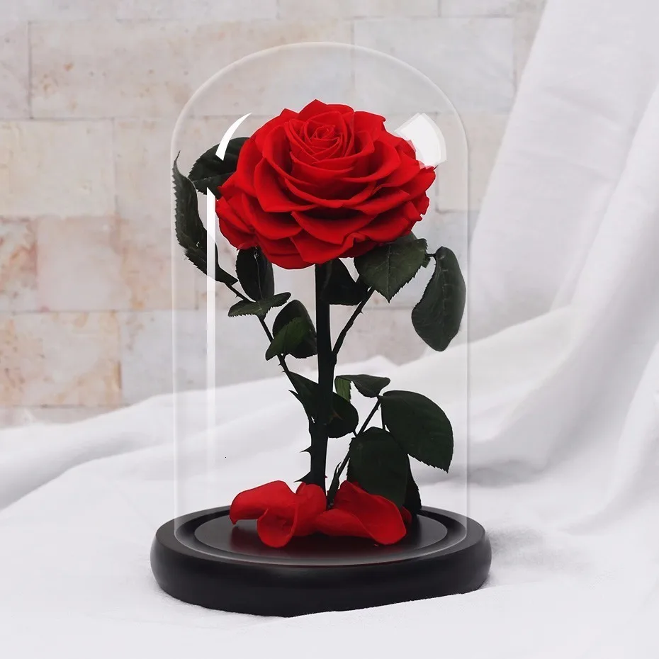 Red Eternal Life Immortal Flower Pink The Beauty And The Beast Rose Glass Dome Mother's Day Gift Valentine's Day Gift - Цвет: Red