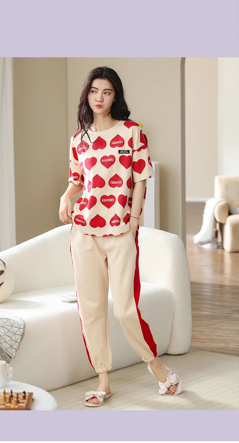 silk pajama set Summer Knitted Cotton Cartoon Women's Pajama Set Nightwear Long Pants Womens Pajama Sets Mujer Sleepwear Lounge Home Fashion Pajama Sets