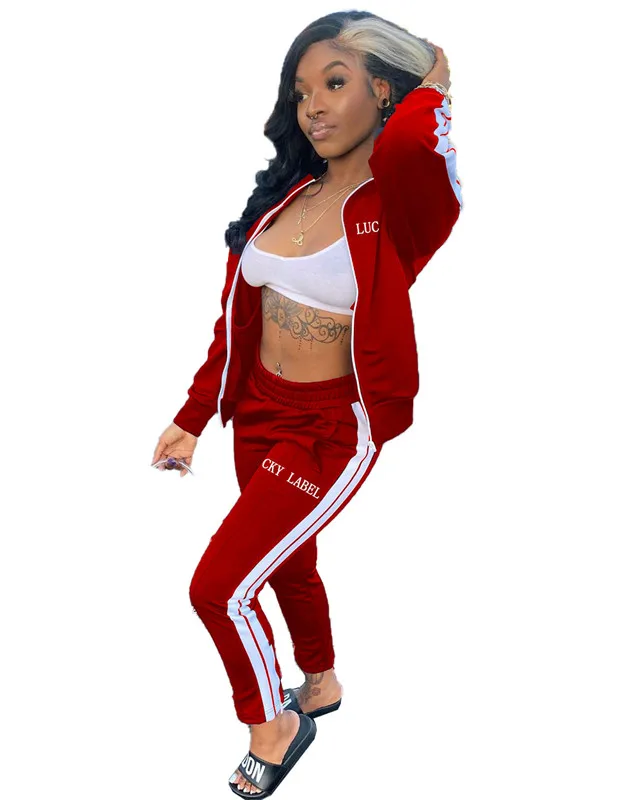 Lucky Label 2 Piece Outfits Women Sweatsuit Striped Sets Zip Top Leggings Sweatpants Jogger Fall Clothes  Wholesale Dropshipping