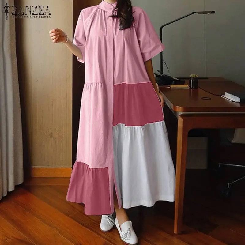 Women Patchwork Sundress ZANZEA Stylish Summer Shirt Dress Casual Button Short Sleeve Maxi Vestidos Female Ruffle Robe Plus Size Women Patchwork Sundress ZANZEA Stylish Summer Shirt Dress Casual Button Short Sleeve Maxi Vestidos Female Ruffle Robe Plus Size
