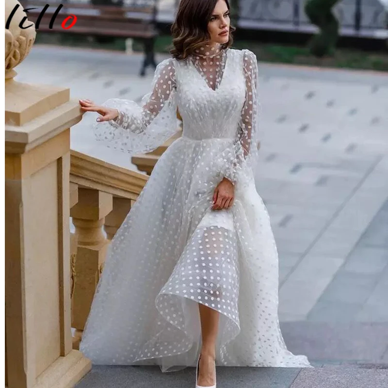 Длинное Элегантное платье в горошек Сетчатое Прозрачное с пышными рукавами