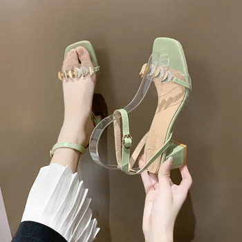 

Square Toe High Heel Sandal For Women 2020 Summer Block Heels Buckle Med Clear Sandals Pvc Shoes Suit Female Beige Espadrilles