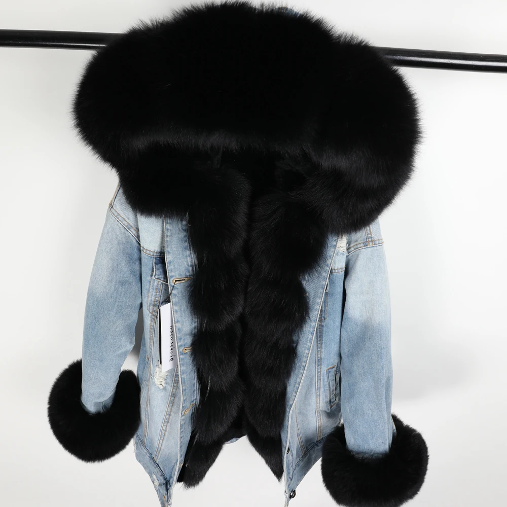 Зима натуральный Лисий мех большой меховой воротник джинсовая свободная модная меховая съемная подкладка парка Щука кожаная куртка женская одежда