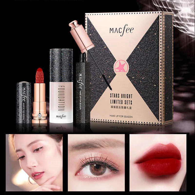 Makeup Set ma kou fei cui can xing chen Limited Edition Gift Box 3 Pieces Lipstick Mascara Liquid Foundation Combination of Equi | Красота и