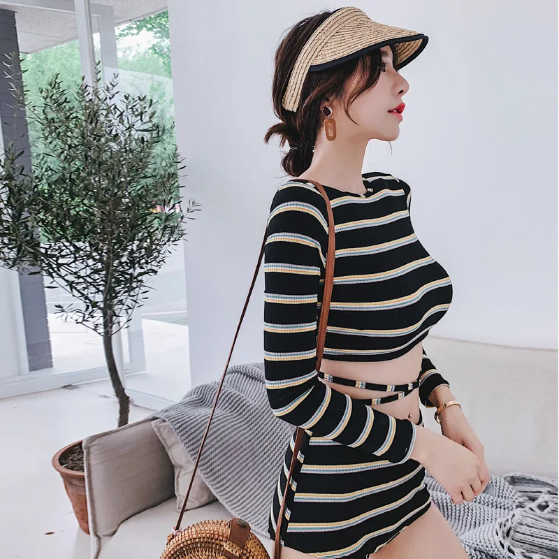 

New Style Bathing Suit Fashion Sexy Slim Fit Slimming Split Type Boxer Skirt Three-piece Set Bathing Suit Women's Long-Sleeve Su