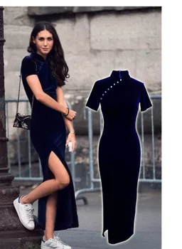 

Chinese new style blue velvet modern sexy Cheongsam/Chi-pao/Qipao slit dress