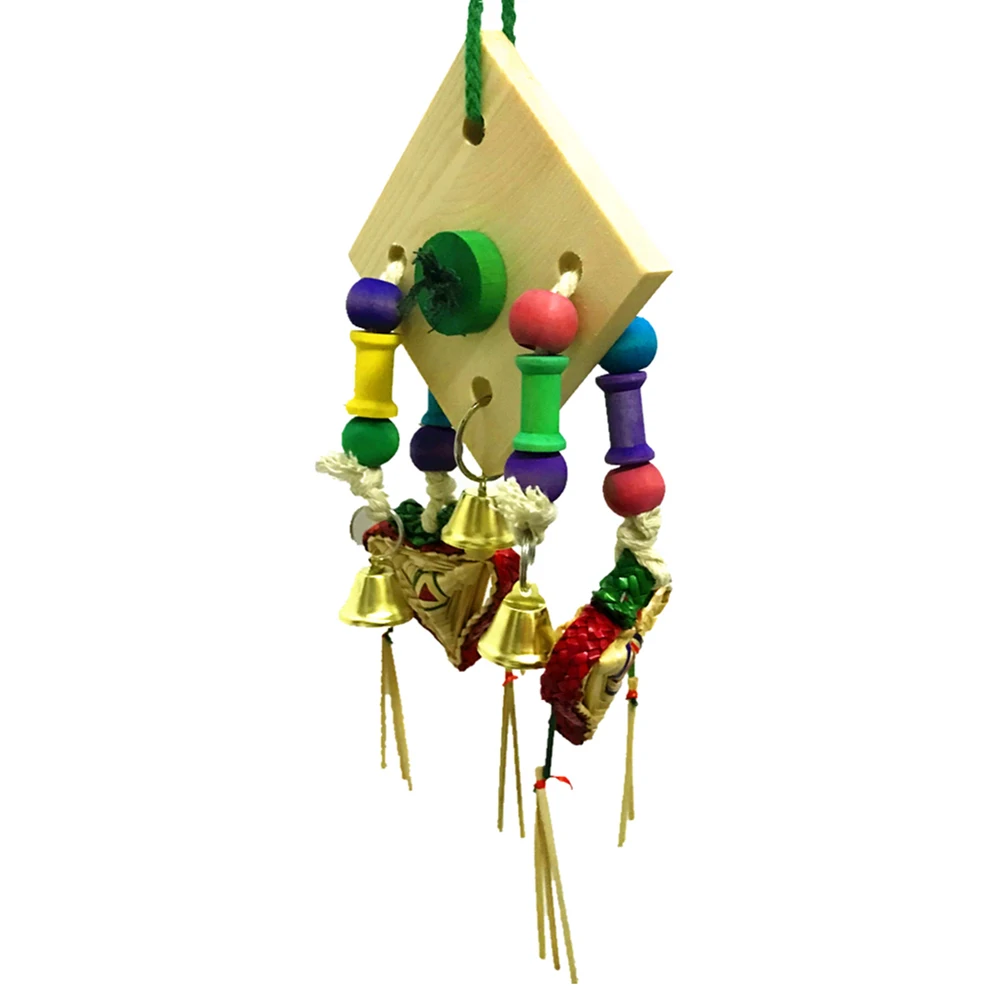 Pet Bird Grass Woven Beads Bell Plate Cage Hanging Decor Play Chew Toy