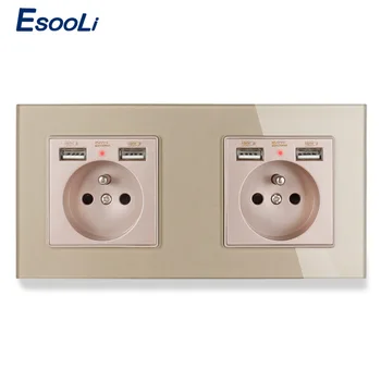

Esooli 2 Gang Crystal Glass Panel Wall Socket with 4 USB Outlet French Standard Electrical Wall Charger Adapter 172*86mm