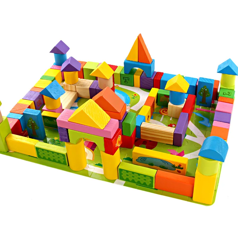 

New Style Multi-functional Garden Castle Building Blocks 60 PCs Wooden Puzzle Aeroplane Chess Three-in-One Children Educational