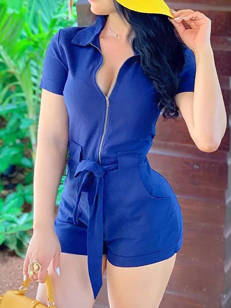 

Blue Short Sleeve Zipper Design Playsuit Women Elegant Knotted Casual Romper Female Skinny Leisure OL Short Jumpsuits