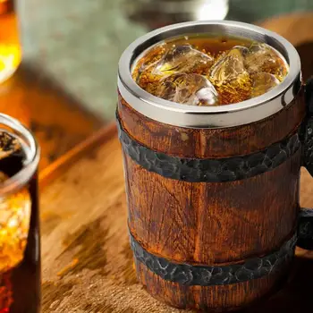 

Creative Double Walls Big Drinking Cup Simulation Wooden Barrel Metal Insulated Thermal Stainless Steel Liner Beer Mug