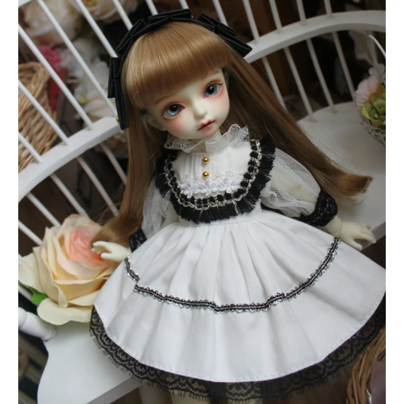 Doll white dress with black lace edge doll dress + hair band for 1/3 1/4 1/6  BJD SD DD 1/6 Blyth doll dress doll accessories