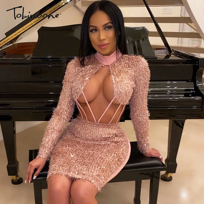

Tobinoone Party Christmas Dress Women Sexy Feather Mini Dresses Hollow Out Elegant Pencil Bodycon Ladies Sequin Dress Vestidos