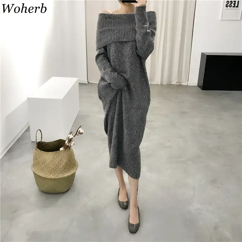 Женское трикотажное платье с открытыми плечами Woherb серое свободное макси в