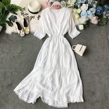 

Summer 2020 Red White Hollow Out A Line Patchwork Maxi Dress Elegant V Neck Retro Women Long Dress Vintage Verano Beach Vestido