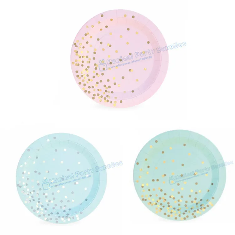 24 шт. бумажные тарелки в горошек с конфетти|gender reveal|plate blueplates pink |