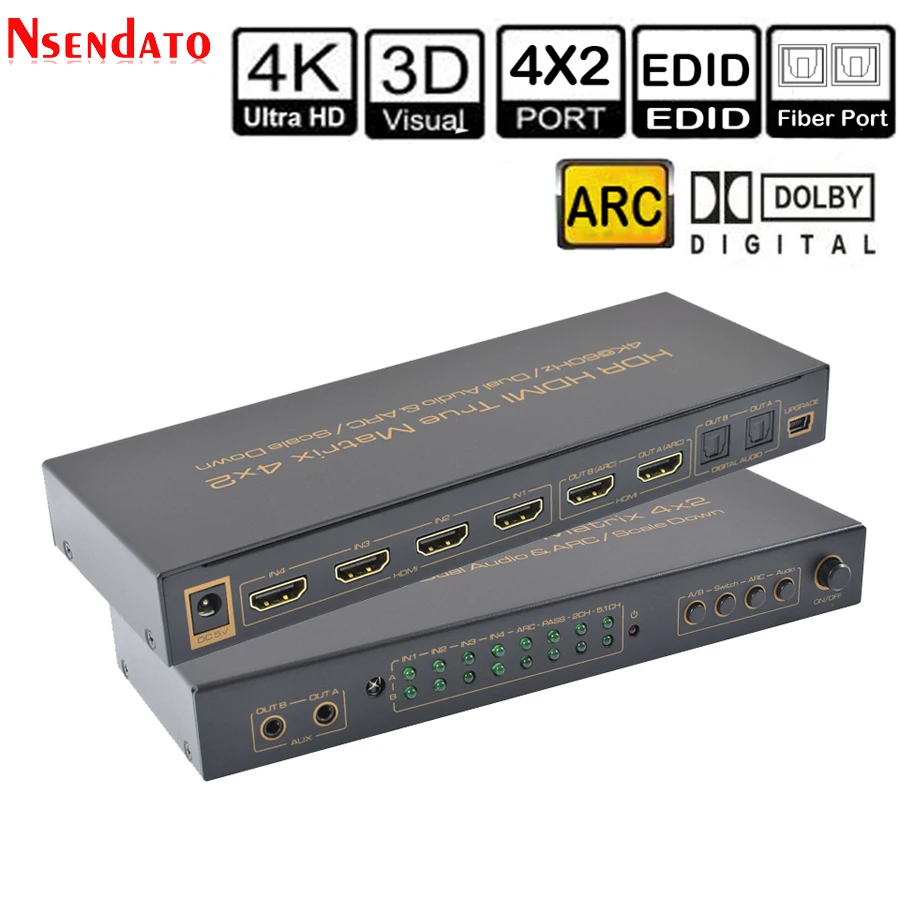 4K* 2K 60Hz HDR HDMI правильная матрица 4X2 АУДИО ВЫКЛЮЧАТЕЛЬ экстрактора для Dolby ARC SPDIF EDID 4 в 2 выхода HDMI цифровой аудио декодер сплиттер