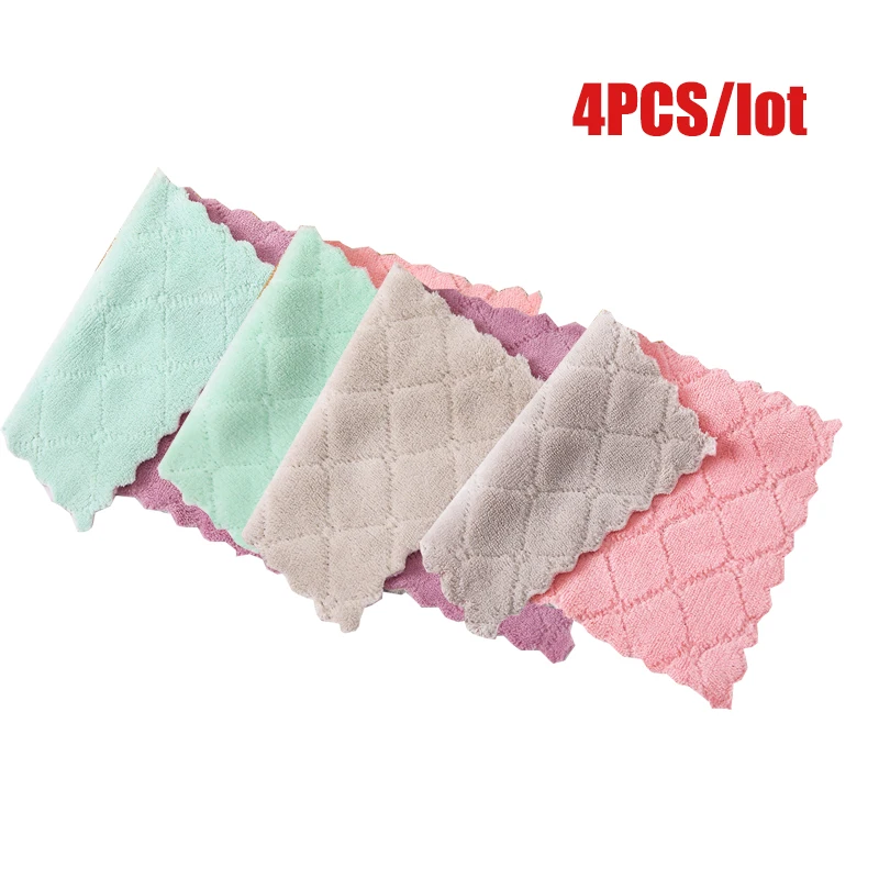 4pcs Clean Towels Microfiber Dishcloth Kitchen Accessories Double-sided Coral Fleece High Absorption Tableware Cloth Reusable - Цвет: As shown 4PCS