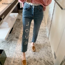 WHITNEY WANG,, Весенняя мода, уличная одежда, кружевной пояс, пэтчворк, бриллианты, буквы, джинсы для женщин, стильные джинсовые штаны размера плюс 5XL