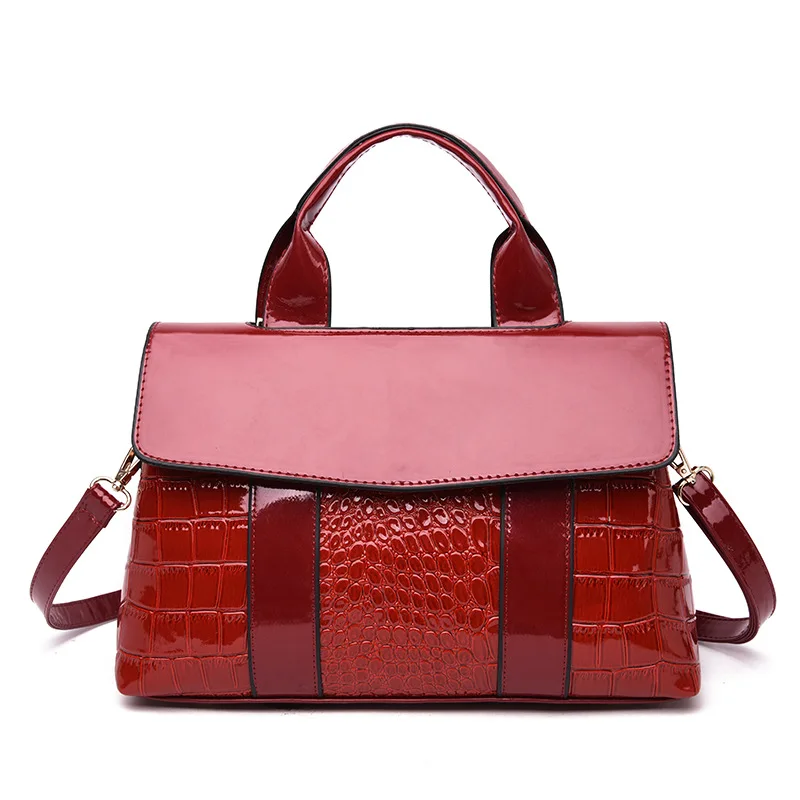 

Women's Bag New European and American Fashion Bright Crocodile-like Large Bag with One Shoulder and Oblique Spanning Handbag