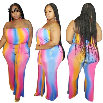 

PLUS SIZE XL-4XL 2020 HOT Summer Women Jumpsuits Casual Contrast Print Rompers Large Ladies Wide Leg Overalls Sexy Jumpsuits