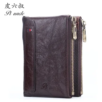 

PI UNCLE Brand Genuine Leather Pocket Zipper Wallet Men RFID Short Wallets Men's Coin Bag Credit ID Cardholder Card Case Purse