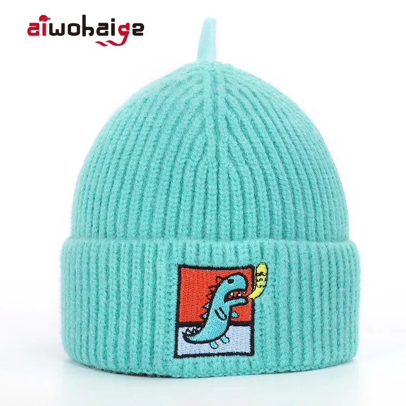 

2019 New Winter Children's Cute Knit Beanie Cartoon Dinosaur Kids Hat Baby Girls Boys Embroidered Soft Cap Warm Skullies Cotton