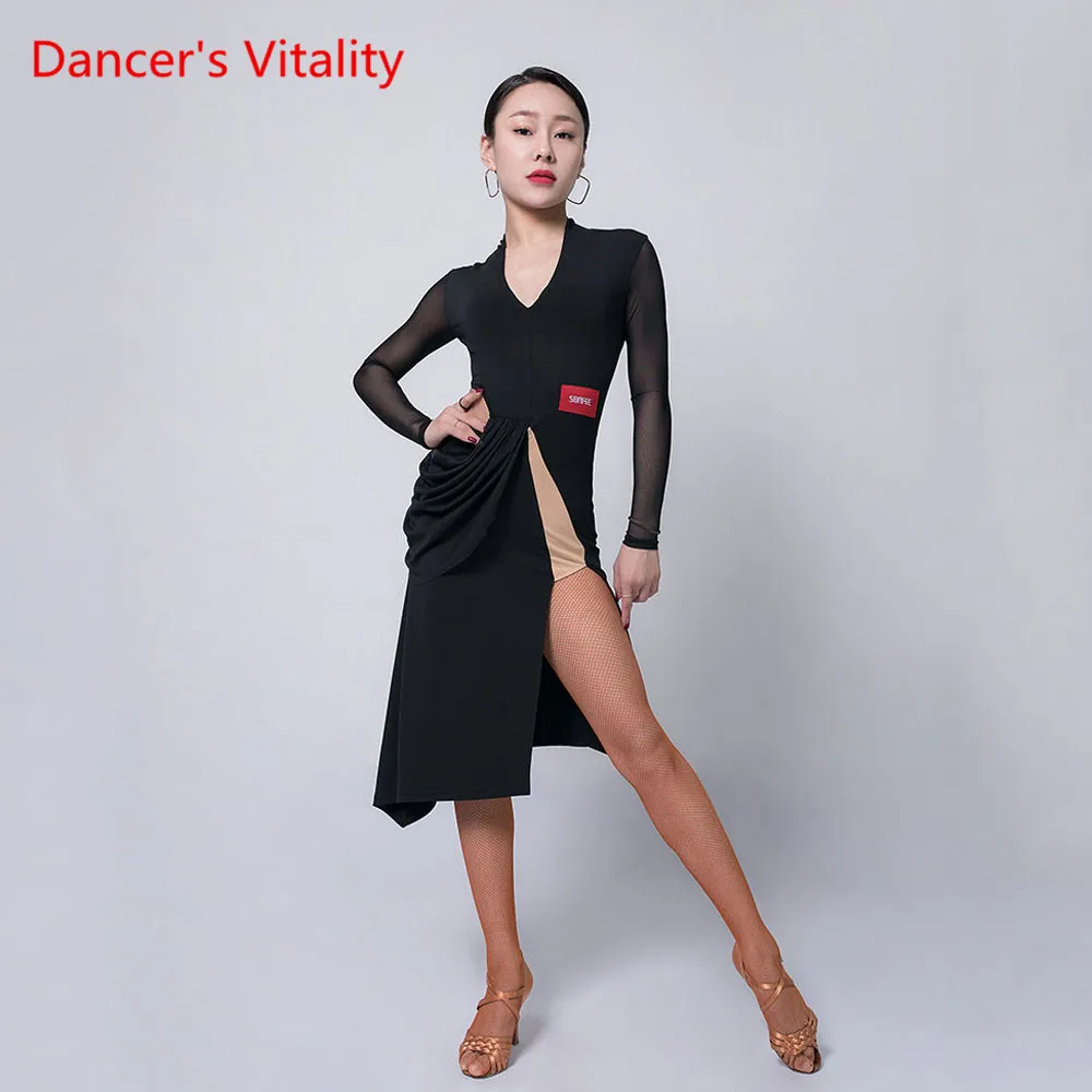 

Latin Dance Exercise Costume Female Adult Sexy Dress Winter Mesh long sleeve Professional Competition Training Clothes