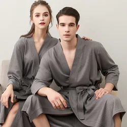 FAKUNTN New Spring Summer Couple Nightgown Solid Color Waffle Cardigan Three-Quarter Sleeve Robe One Piece Pic
