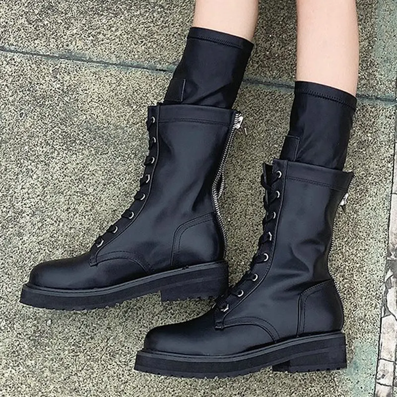

2019 New Classic Spring/Autumn Mid-Calf Female Boots Women's Med Heels Cross-tied Shoes Woman Zipper Cozy Daily Dress Booties