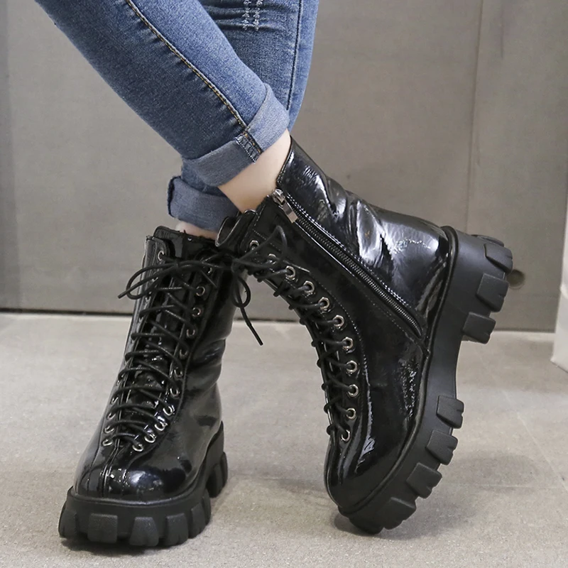 

Rimocy Black Patent Leather Ankle Boots for Women Fashion Cross Tied Chunky Platform Boots Woman Waterproof Wedges Shoes Female