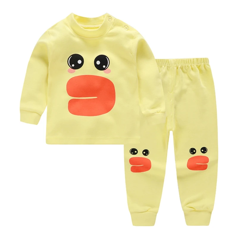 Spring Autumn Kids Boy Girl Sets Cartoon Cute Cat Dog Tree Dinosaur Shark Pattern Long Sleeve T-Shirt+Trousers Pajamas - Цвет: Цвет: желтый