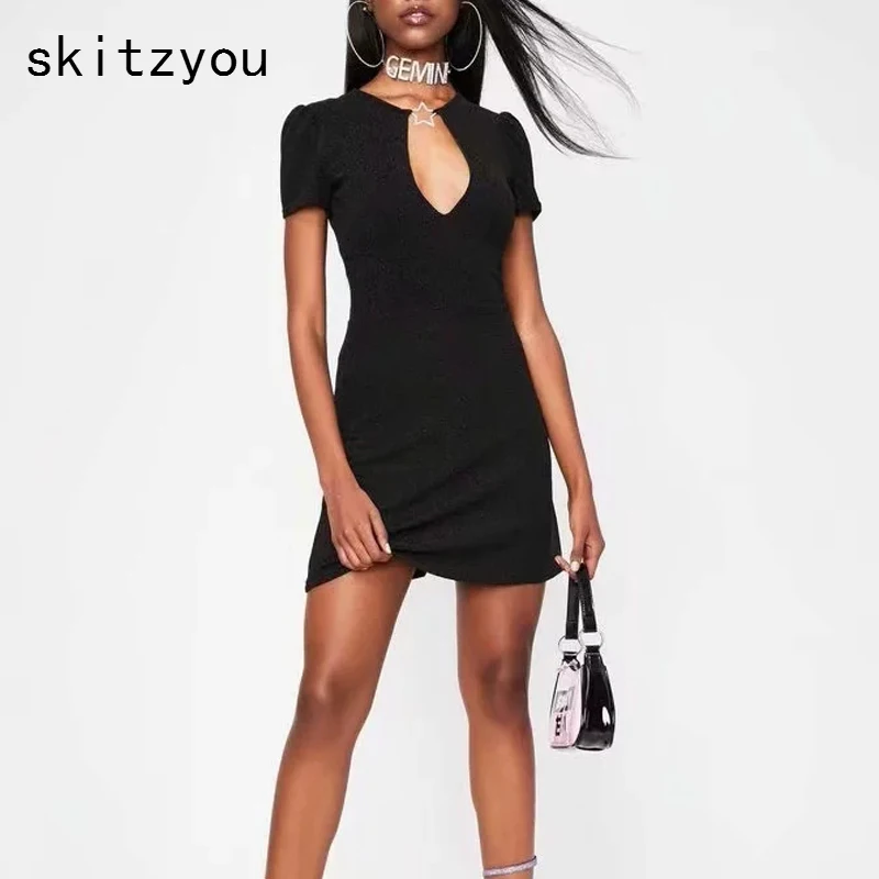 

skitzyou Sexy Black Club Women Mini Bodycon Dress Short Sleeve Skinny V Neck Stars Hollow Out Robe Femme Party Dresses vestidos