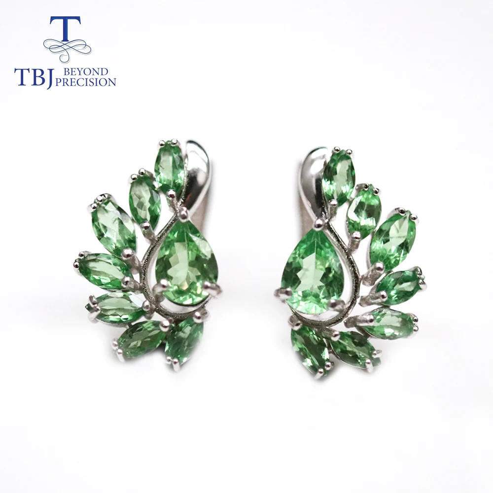 

TBJ,Natural 3.5ct Green Tsavorite Clasp earring kenya natural gemstones green garnet fine jewelry 925 sterling silver for women
