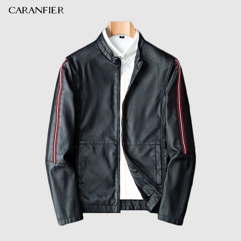 CARANFIER бренд осенне-зимняя повседневная куртка из искусственной кожи на молнии мотоциклетная кожаная куртка мужская приталенная Мужская куртка и пальто - Цвет: Черный