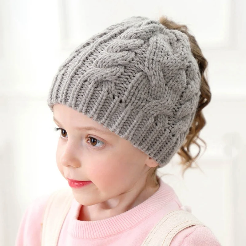 Зимняя грязная шапка с помпоном для маленькой девочки, детская эластичная вязаная шапка, грязная красивая шапочка с конским хвостом, теплые вязаные шапки