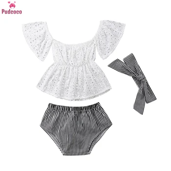 

3pcs Toddler Baby Girls Clothes Set Lace Hollow Out Short Sleeve Top +Stripe Shorts +headband Outfits Set 6-24M