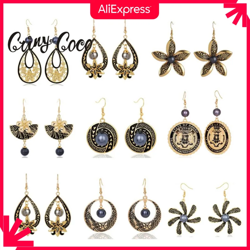 Cring Coco Hawaiian Geometric Drop Earrings Women's Fashion Black Pearl Design Dangle Earring for Women Wedding Summer Jewelry |