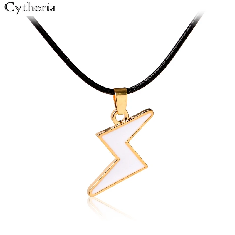 Lightning Necklaces Pendants White Black Enamel Leather Chain