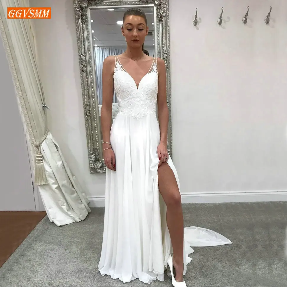 

Elegant Boho V Neck Wedding Gown 2020 Appliqued Lace Chiffon Side Slit A Line Wedding Dress Long Beach Customized Bride Dresses