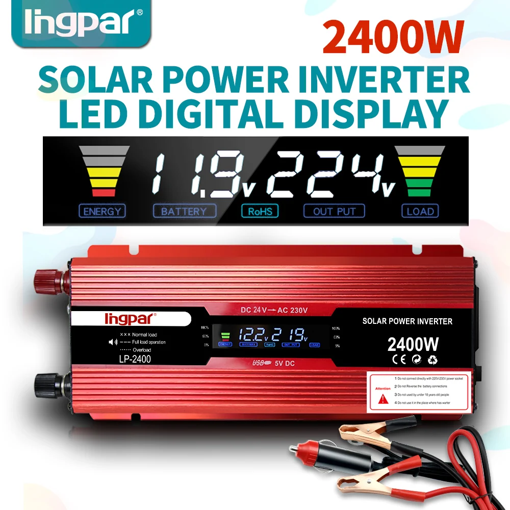 Lingpar 2400 Вт Цифровой автомобильный инвертор 12 В до 220 В модифицированный синусоидальный волновой трансформатор преобразователь напряжения+ ЖК-дисплей