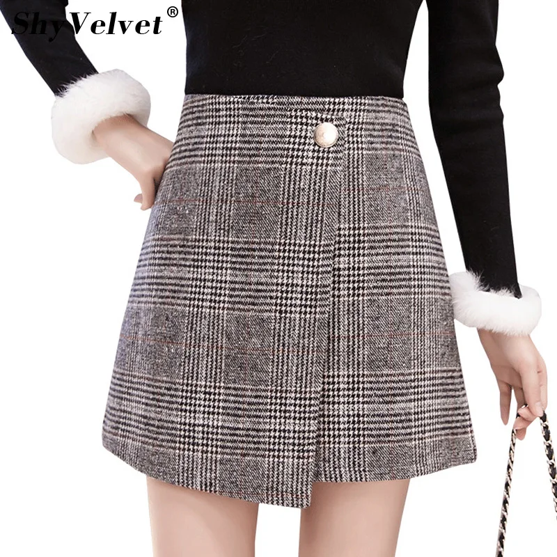 

Vintage Woolen Mini Skirt Autumn Winter New Irregular Plaid A-line Skater Skirts Korean Style Women High Waist Skorts