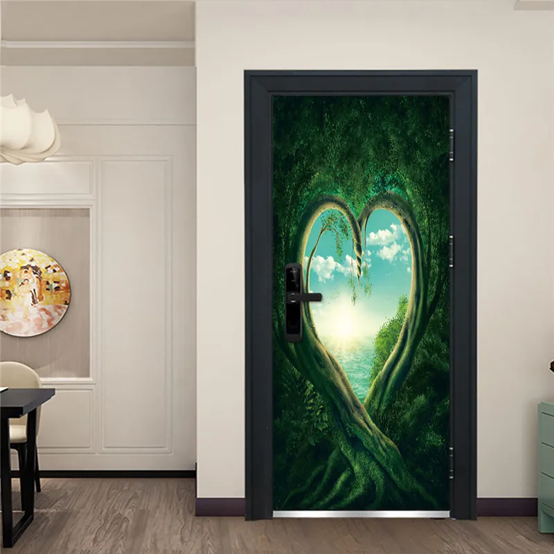 Зеленые обои с любовными воротами для двери, Декор для дома, наклейки на двери, водоотталкивающий плакат для гостиной, кафе, сделай сам