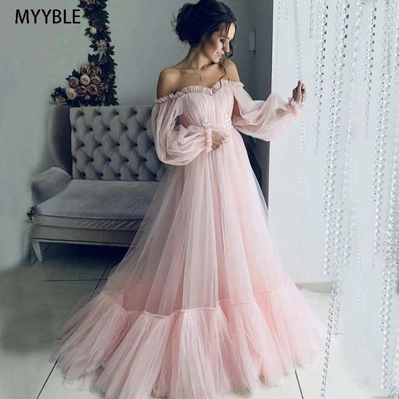 Вечернее платье MYYBLE нежно-розовый тюль длинное платье-трапеция с длинным рукавом