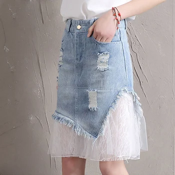 

Women Hole Denim Skirt For Ladies Female Summer Blue High waist a-line Lace Mesh Hip Skirts 2020 New Large Size S-3XL