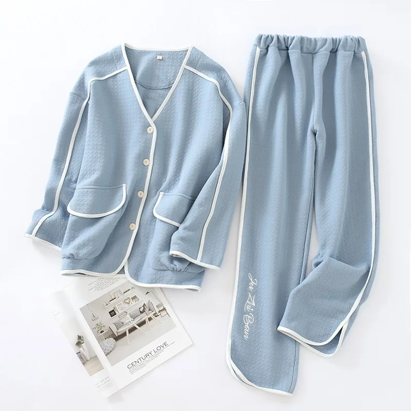 

2020 Korean Version of Autumn and Winter Air Layer Quilted Pajamas Women's Long-sleeved Trousers Pure Color Simple Home Service