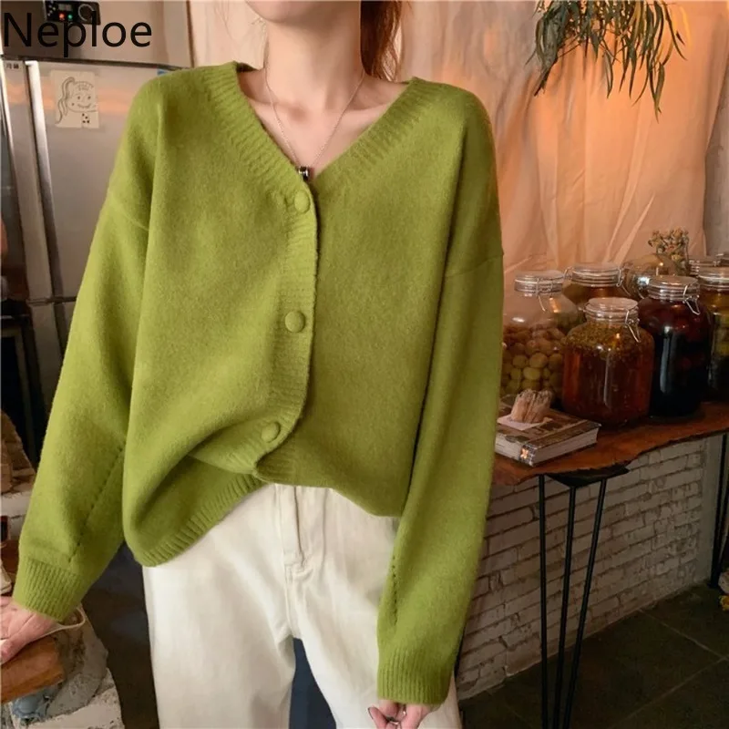 Neploe Knitted Sweater Women Solid V Neck Long Sleeve Ladies Tops Spring 2020 Loose Casual Single Breasted female Jumper A10004 |