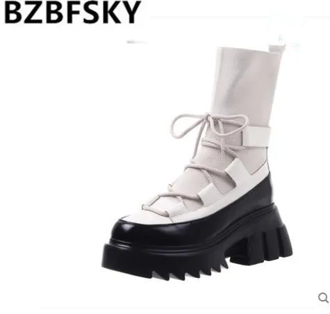 

Martin Boots Woman 2021 New Female Casual Stretch Fabric Socks Boots Fashion Cross-tied Women Shoes Platform Boots Gothic Women