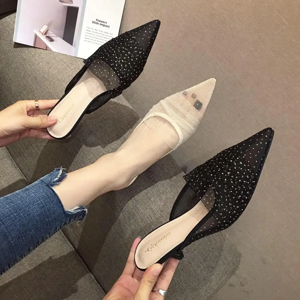 

Shoes For Girls Mules Women Slippers Summer Pointed Toe Slides Low Thin Heels Lady 2019 Soft Basic Fabric Rome Rubber